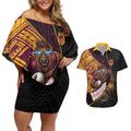 Brisbane Broncos Rugby Couples Matching Off Shoulder Short Dress and Hawaiian Shirt Tribal Polynesian Power Art - Lightning Mascot