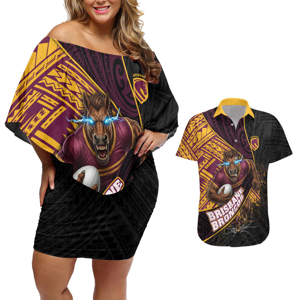 Brisbane Broncos Rugby Couples Matching Off Shoulder Short Dress and Hawaiian Shirt Tribal Polynesian Power Art - Lightning Mascot