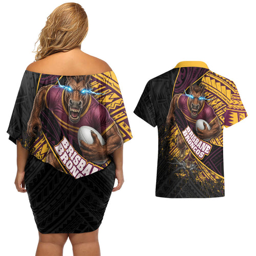 Brisbane Broncos Rugby Couples Matching Off Shoulder Short Dress and Hawaiian Shirt Tribal Polynesian Power Art - Lightning Mascot