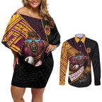 Brisbane Broncos Rugby Couples Matching Off Shoulder Short Dress and Long Sleeve Button Shirt Tribal Polynesian Power Art - Lightning Mascot