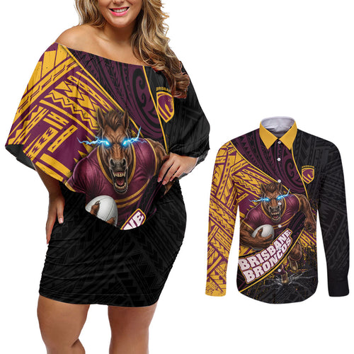 Brisbane Broncos Rugby Couples Matching Off Shoulder Short Dress and Long Sleeve Button Shirt Tribal Polynesian Power Art - Lightning Mascot