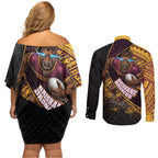 Brisbane Broncos Rugby Couples Matching Off Shoulder Short Dress and Long Sleeve Button Shirt Tribal Polynesian Power Art - Lightning Mascot