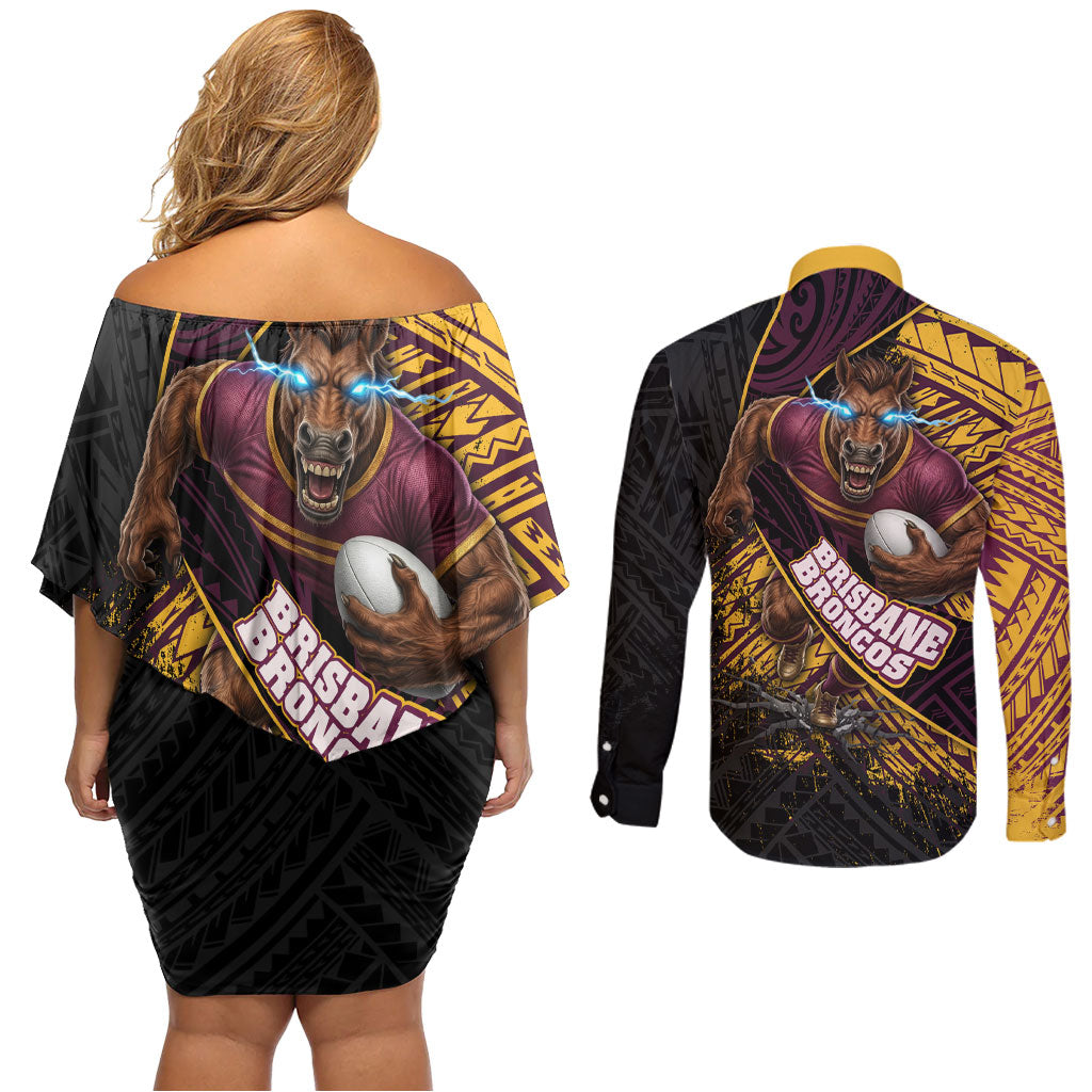 Brisbane Broncos Rugby Couples Matching Off Shoulder Short Dress and Long Sleeve Button Shirt Tribal Polynesian Power Art - Lightning Mascot