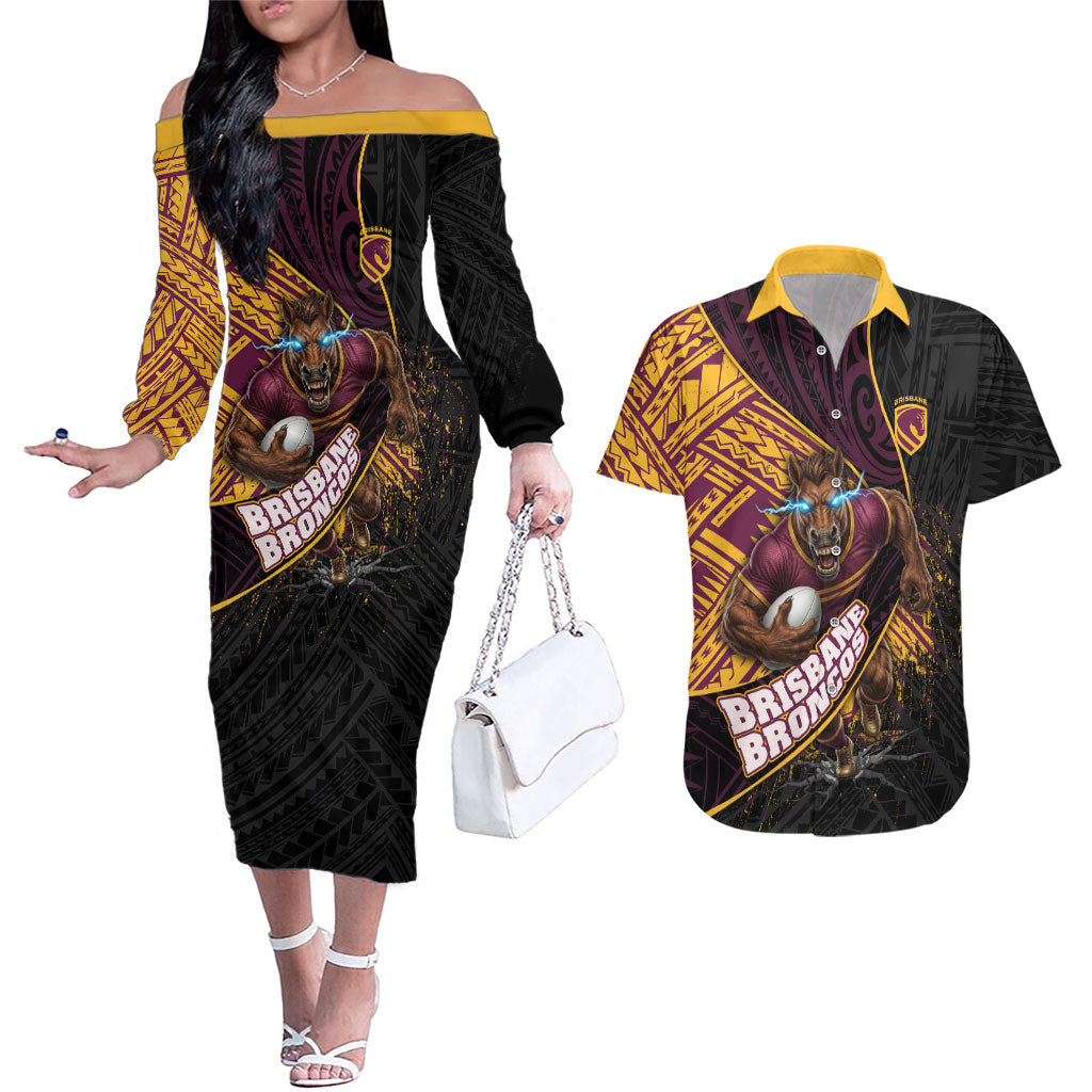 Brisbane Broncos Rugby Couples Matching Off The Shoulder Long Sleeve Dress and Hawaiian Shirt Tribal Polynesian Power Art - Lightning Mascot