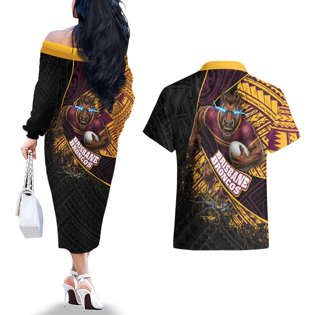 Brisbane Broncos Rugby Couples Matching Off The Shoulder Long Sleeve Dress and Hawaiian Shirt Tribal Polynesian Power Art - Lightning Mascot