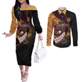 Brisbane Broncos Rugby Couples Matching Off The Shoulder Long Sleeve Dress and Long Sleeve Button Shirt Tribal Polynesian Power Art - Lightning Mascot