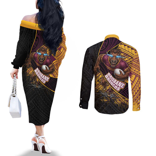 Brisbane Broncos Rugby Couples Matching Off The Shoulder Long Sleeve Dress and Long Sleeve Button Shirt Tribal Polynesian Power Art - Lightning Mascot