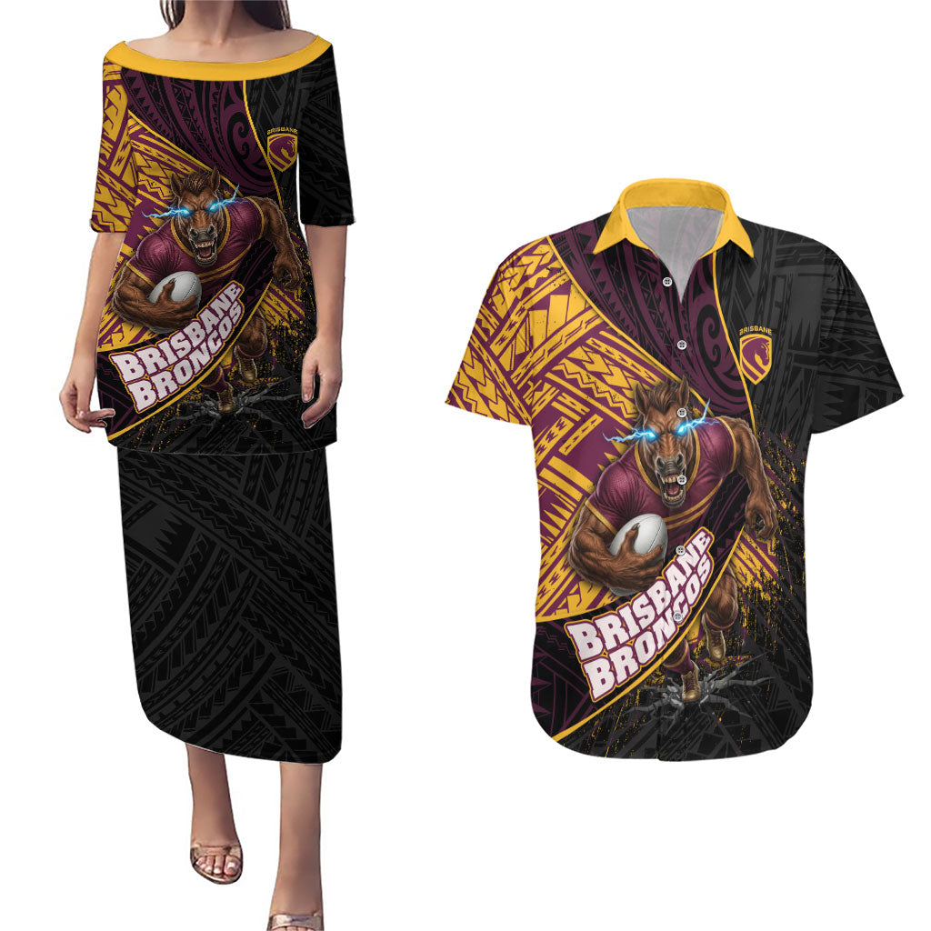 Brisbane Broncos Rugby Couples Matching Puletasi and Hawaiian Shirt Tribal Polynesian Power Art - Lightning Mascot