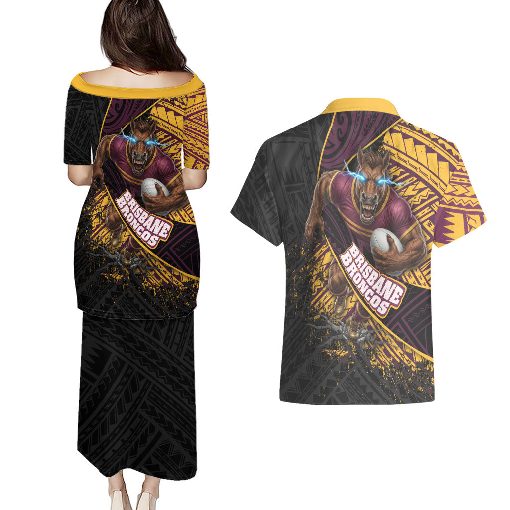 Brisbane Broncos Rugby Couples Matching Puletasi and Hawaiian Shirt Tribal Polynesian Power Art - Lightning Mascot