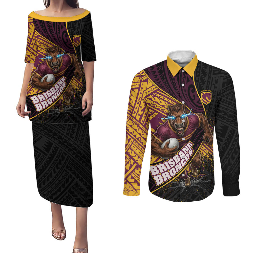 Brisbane Broncos Rugby Couples Matching Puletasi and Long Sleeve Button Shirt Tribal Polynesian Power Art - Lightning Mascot