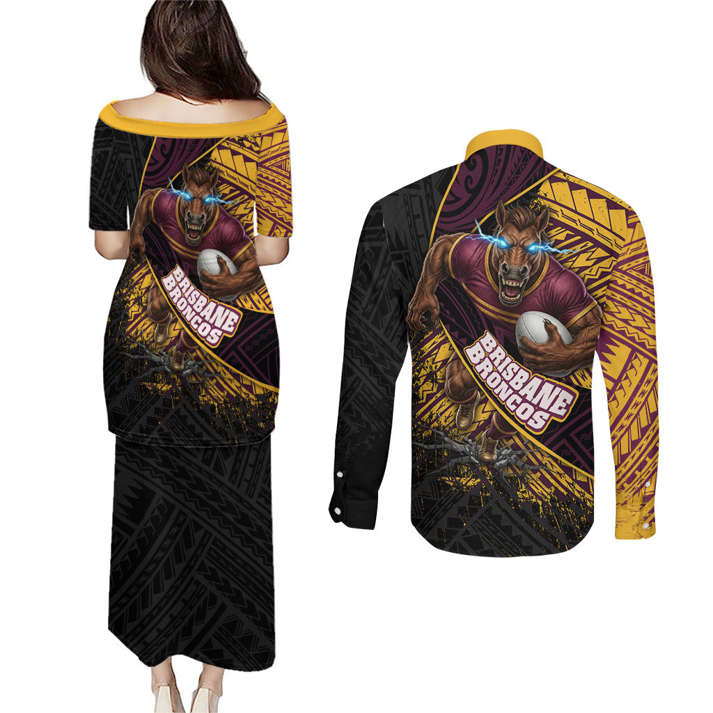 Brisbane Broncos Rugby Couples Matching Puletasi and Long Sleeve Button Shirt Tribal Polynesian Power Art - Lightning Mascot