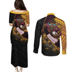 Brisbane Broncos Rugby Couples Matching Puletasi and Long Sleeve Button Shirt Tribal Polynesian Power Art - Lightning Mascot