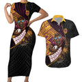 Brisbane Broncos Rugby Couples Matching Short Sleeve Bodycon Dress and Hawaiian Shirt Tribal Polynesian Power Art - Lightning Mascot