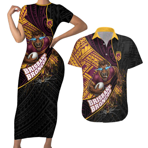 Brisbane Broncos Rugby Couples Matching Short Sleeve Bodycon Dress and Hawaiian Shirt Tribal Polynesian Power Art - Lightning Mascot