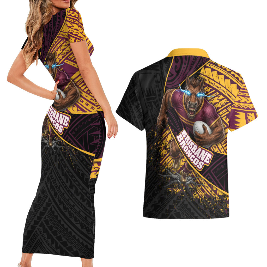 Brisbane Broncos Rugby Couples Matching Short Sleeve Bodycon Dress and Hawaiian Shirt Tribal Polynesian Power Art - Lightning Mascot