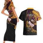 Brisbane Broncos Rugby Couples Matching Short Sleeve Bodycon Dress and Hawaiian Shirt Tribal Polynesian Power Art - Lightning Mascot