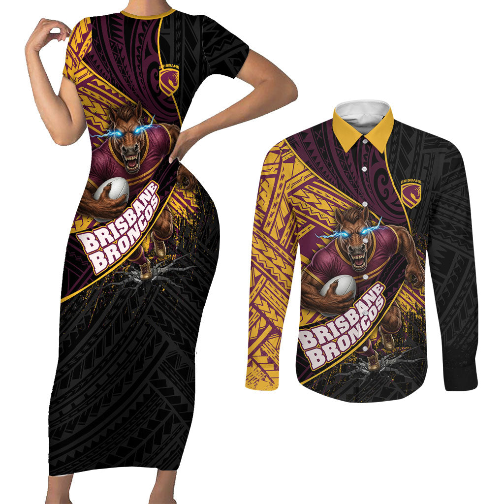 Brisbane Broncos Rugby Couples Matching Short Sleeve Bodycon Dress and Long Sleeve Button Shirt Tribal Polynesian Power Art - Lightning Mascot