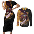 Brisbane Broncos Rugby Couples Matching Short Sleeve Bodycon Dress and Long Sleeve Button Shirt Tribal Polynesian Power Art - Lightning Mascot