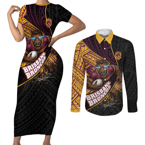 Brisbane Broncos Rugby Couples Matching Short Sleeve Bodycon Dress and Long Sleeve Button Shirt Tribal Polynesian Power Art - Lightning Mascot