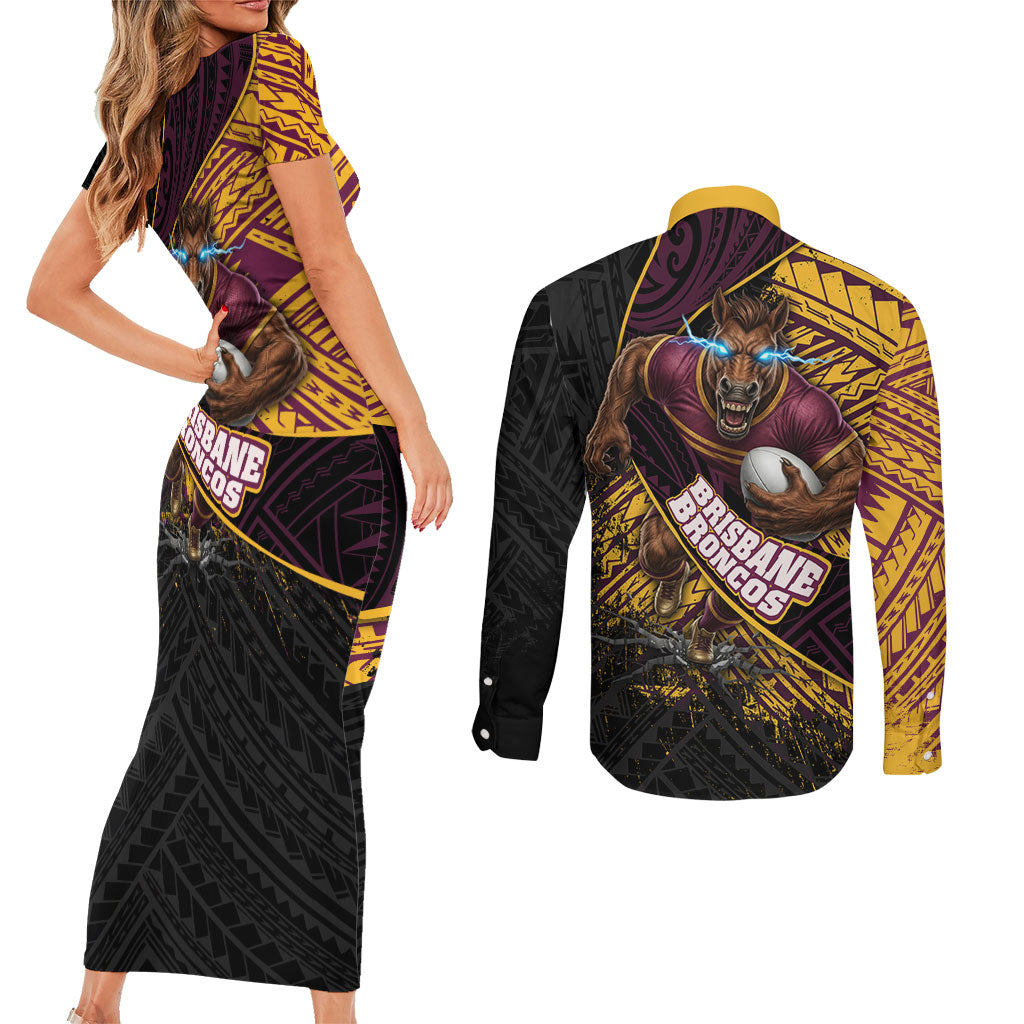 Brisbane Broncos Rugby Couples Matching Short Sleeve Bodycon Dress and Long Sleeve Button Shirt Tribal Polynesian Power Art - Lightning Mascot