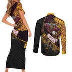 Brisbane Broncos Rugby Couples Matching Short Sleeve Bodycon Dress and Long Sleeve Button Shirt Tribal Polynesian Power Art - Lightning Mascot