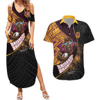 Brisbane Broncos Rugby Couples Matching Summer Maxi Dress and Hawaiian Shirt Tribal Polynesian Power Art - Lightning Mascot