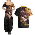 Brisbane Broncos Rugby Couples Matching Summer Maxi Dress and Hawaiian Shirt Tribal Polynesian Power Art - Lightning Mascot