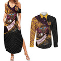 Brisbane Broncos Rugby Couples Matching Summer Maxi Dress and Long Sleeve Button Shirt Tribal Polynesian Power Art - Lightning Mascot