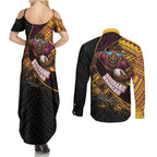 Brisbane Broncos Rugby Couples Matching Summer Maxi Dress and Long Sleeve Button Shirt Tribal Polynesian Power Art - Lightning Mascot