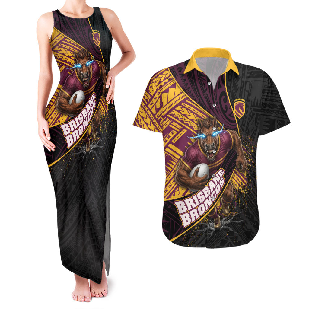 Brisbane Broncos Rugby Couples Matching Tank Maxi Dress and Hawaiian Shirt Tribal Polynesian Power Art - Lightning Mascot