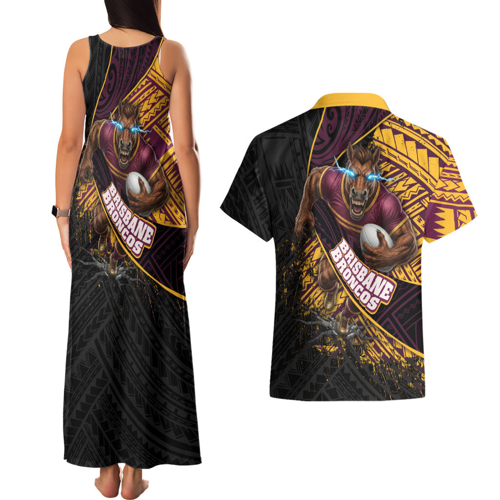 Brisbane Broncos Rugby Couples Matching Tank Maxi Dress and Hawaiian Shirt Tribal Polynesian Power Art - Lightning Mascot