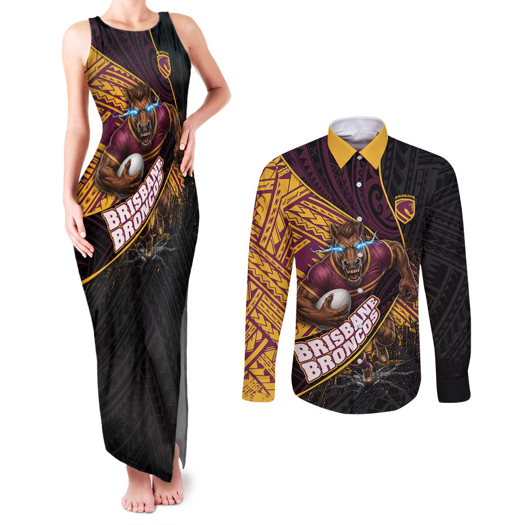 Brisbane Broncos Rugby Couples Matching Tank Maxi Dress and Long Sleeve Button Shirt Tribal Polynesian Power Art - Lightning Mascot