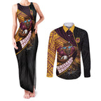Brisbane Broncos Rugby Couples Matching Tank Maxi Dress and Long Sleeve Button Shirt Tribal Polynesian Power Art - Lightning Mascot