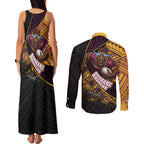 Brisbane Broncos Rugby Couples Matching Tank Maxi Dress and Long Sleeve Button Shirt Tribal Polynesian Power Art - Lightning Mascot