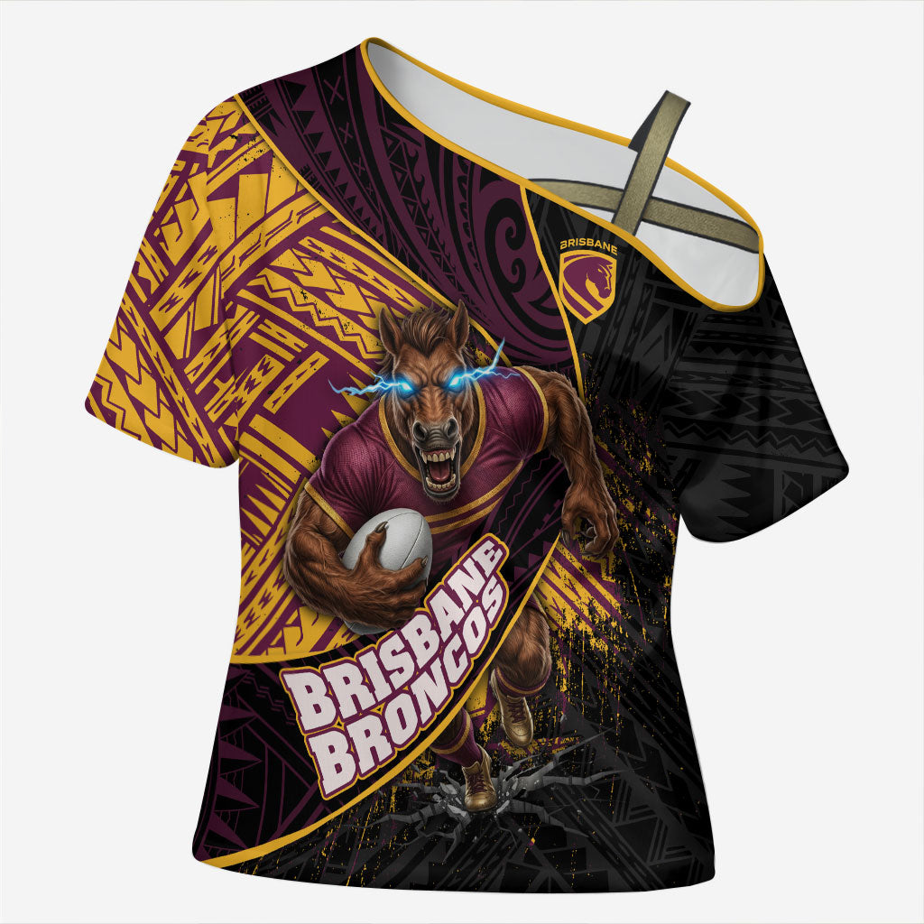 Brisbane Broncos Rugby Cross Shoulder Shirt Tribal Polynesian Power Art - Lightning Mascot