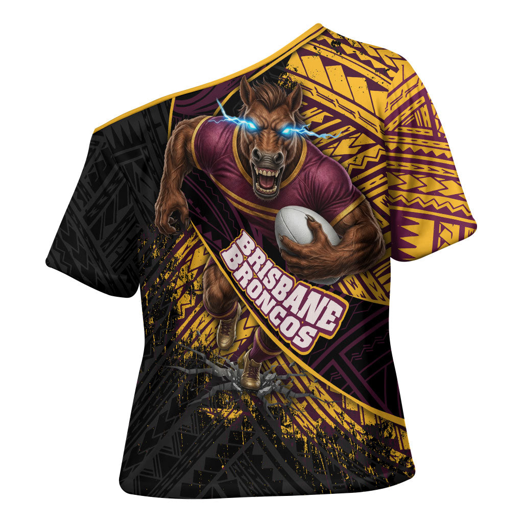 Brisbane Broncos Rugby Cross Shoulder Shirt Tribal Polynesian Power Art - Lightning Mascot