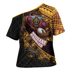 Brisbane Broncos Rugby Cross Shoulder Shirt Tribal Polynesian Power Art - Lightning Mascot