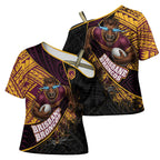 Brisbane Broncos Rugby Cross Shoulder Shirt Tribal Polynesian Power Art - Lightning Mascot