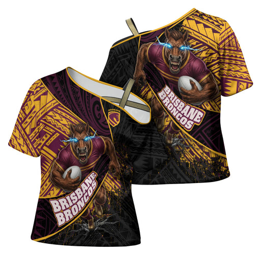 Brisbane Broncos Rugby Cross Shoulder Shirt Tribal Polynesian Power Art - Lightning Mascot
