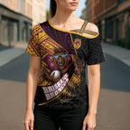 Brisbane Broncos Rugby Cross Shoulder Shirt Tribal Polynesian Power Art - Lightning Mascot