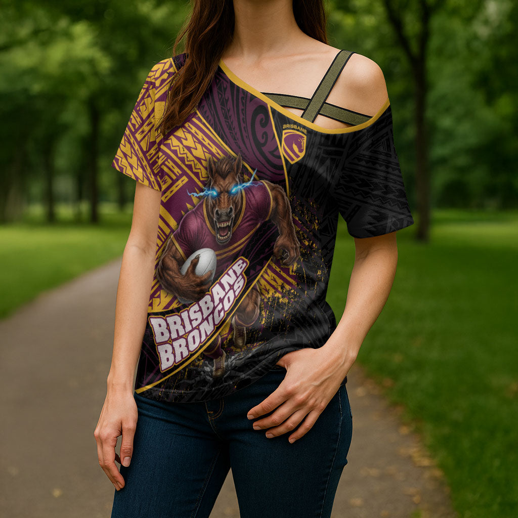 Brisbane Broncos Rugby Cross Shoulder Shirt Tribal Polynesian Power Art - Lightning Mascot