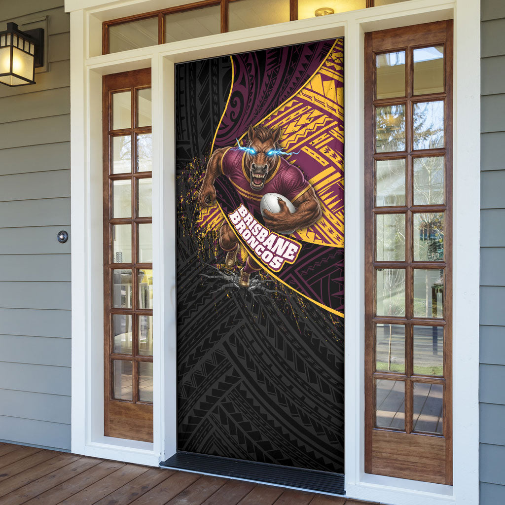 Brisbane Broncos Rugby Door Cover Tribal Polynesian Power Art - Lightning Mascot