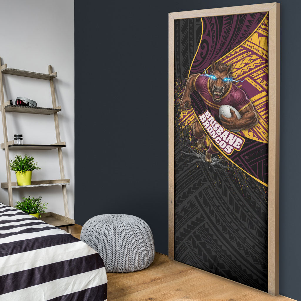 Brisbane Broncos Rugby Door Cover Tribal Polynesian Power Art - Lightning Mascot