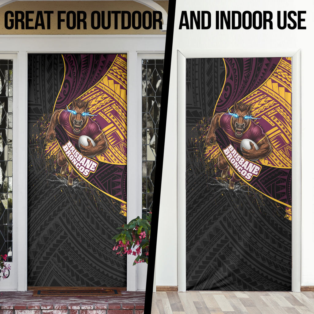 Brisbane Broncos Rugby Door Cover Tribal Polynesian Power Art - Lightning Mascot