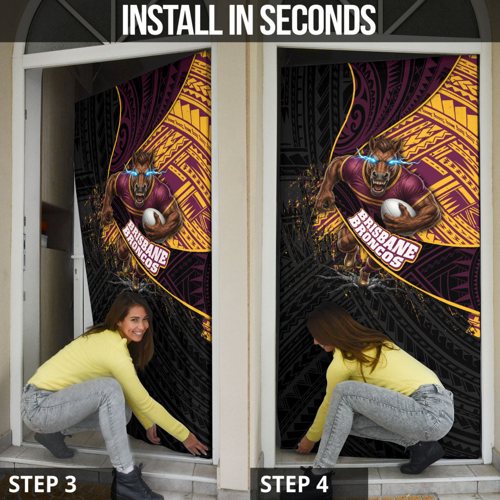 Brisbane Broncos Rugby Door Cover Tribal Polynesian Power Art - Lightning Mascot