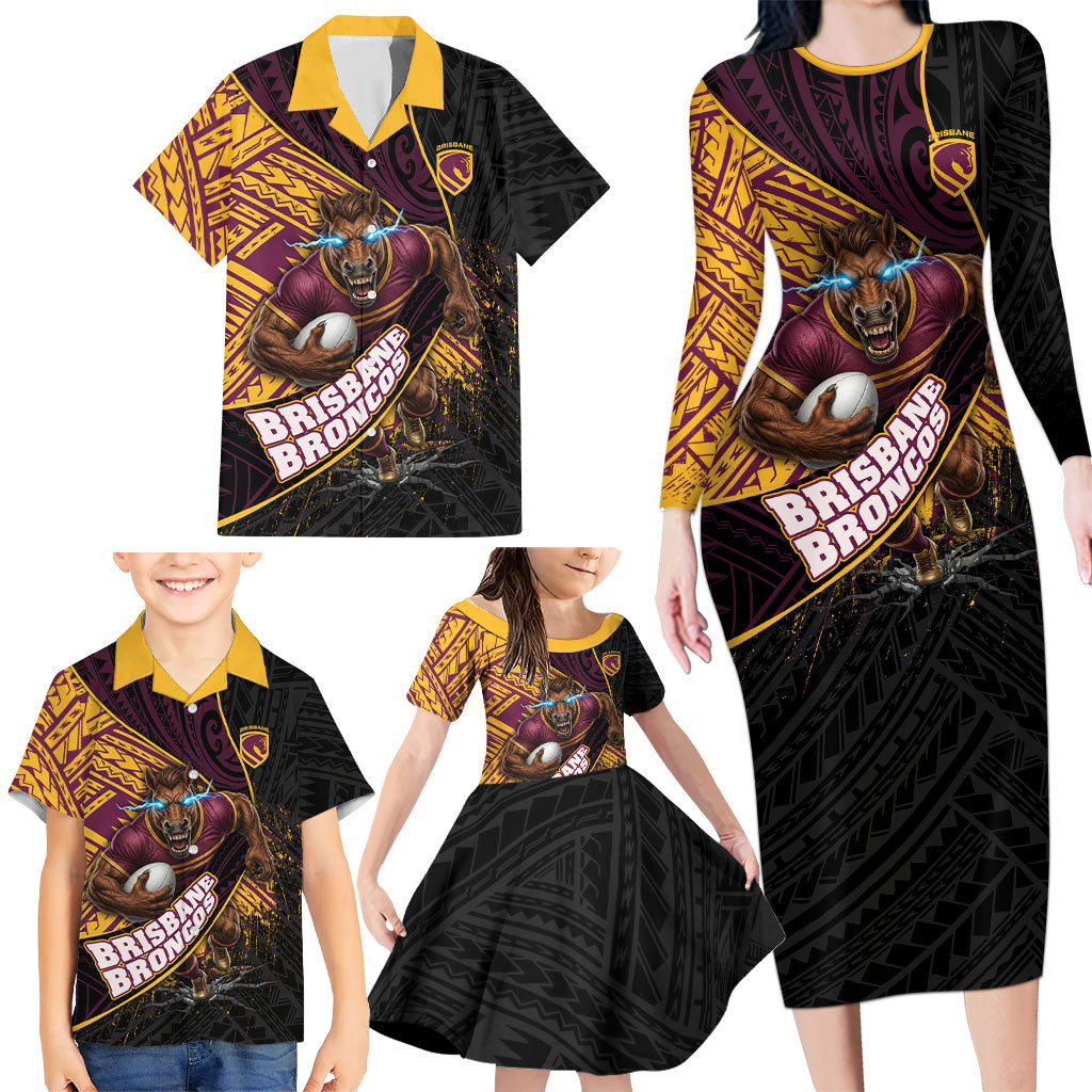 Brisbane Broncos Rugby Family Matching Long Sleeve Bodycon Dress and Hawaiian Shirt Tribal Polynesian Power Art - Lightning Mascot