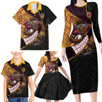 Brisbane Broncos Rugby Family Matching Long Sleeve Bodycon Dress and Hawaiian Shirt Tribal Polynesian Power Art - Lightning Mascot