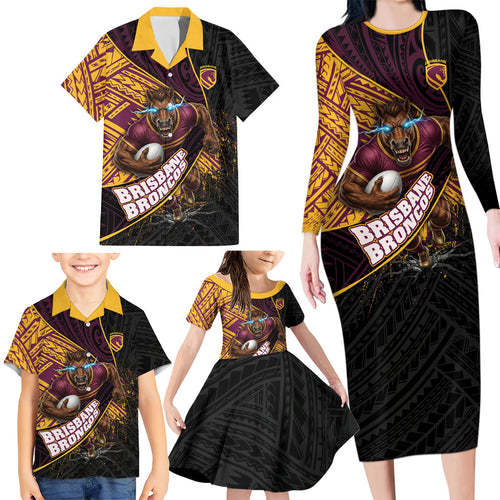 Brisbane Broncos Rugby Family Matching Long Sleeve Bodycon Dress and Hawaiian Shirt Tribal Polynesian Power Art - Lightning Mascot