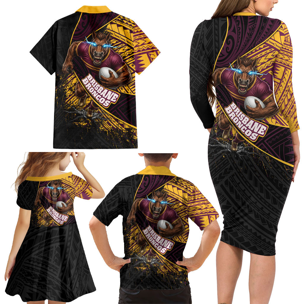 Brisbane Broncos Rugby Family Matching Long Sleeve Bodycon Dress and Hawaiian Shirt Tribal Polynesian Power Art - Lightning Mascot
