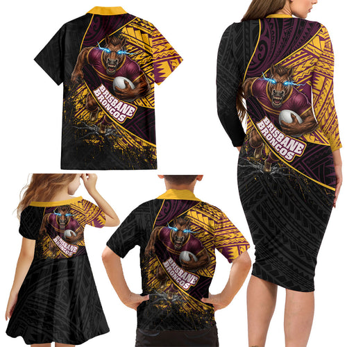 Brisbane Broncos Rugby Family Matching Long Sleeve Bodycon Dress and Hawaiian Shirt Tribal Polynesian Power Art - Lightning Mascot